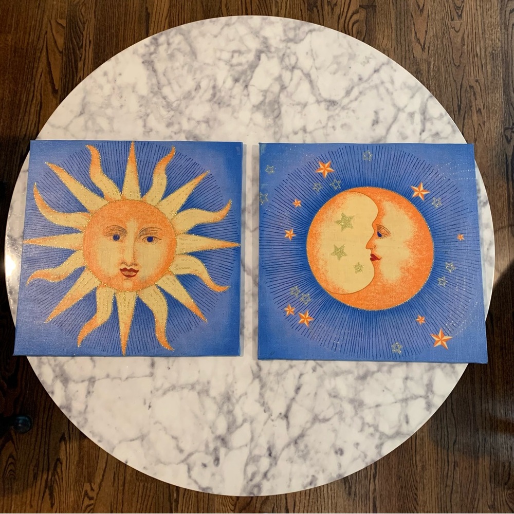 Rare Set Of Vintage 90s Celestial Framed Sun And Moon Paintings 🖼️